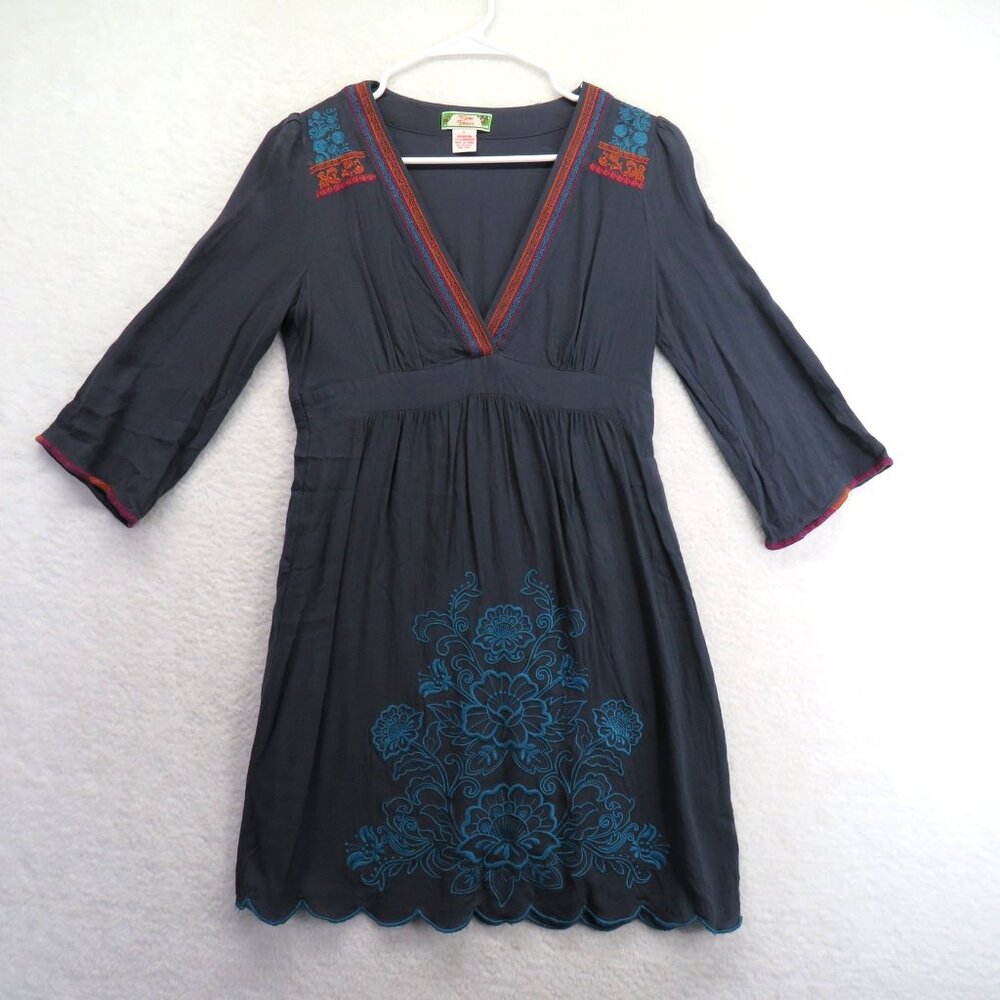 Flying Tomato Dress Womens Small Gray Blue Embroidered Boho‎ Tunic Peasant Rayon